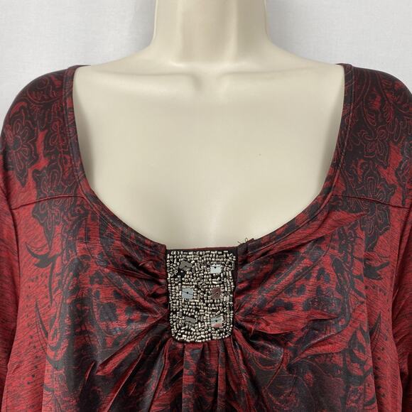 One World Tunic Top Womens 3X Red Black Embellished Flowy Boho Whimsigoth Witchy - Picture 3 of 15